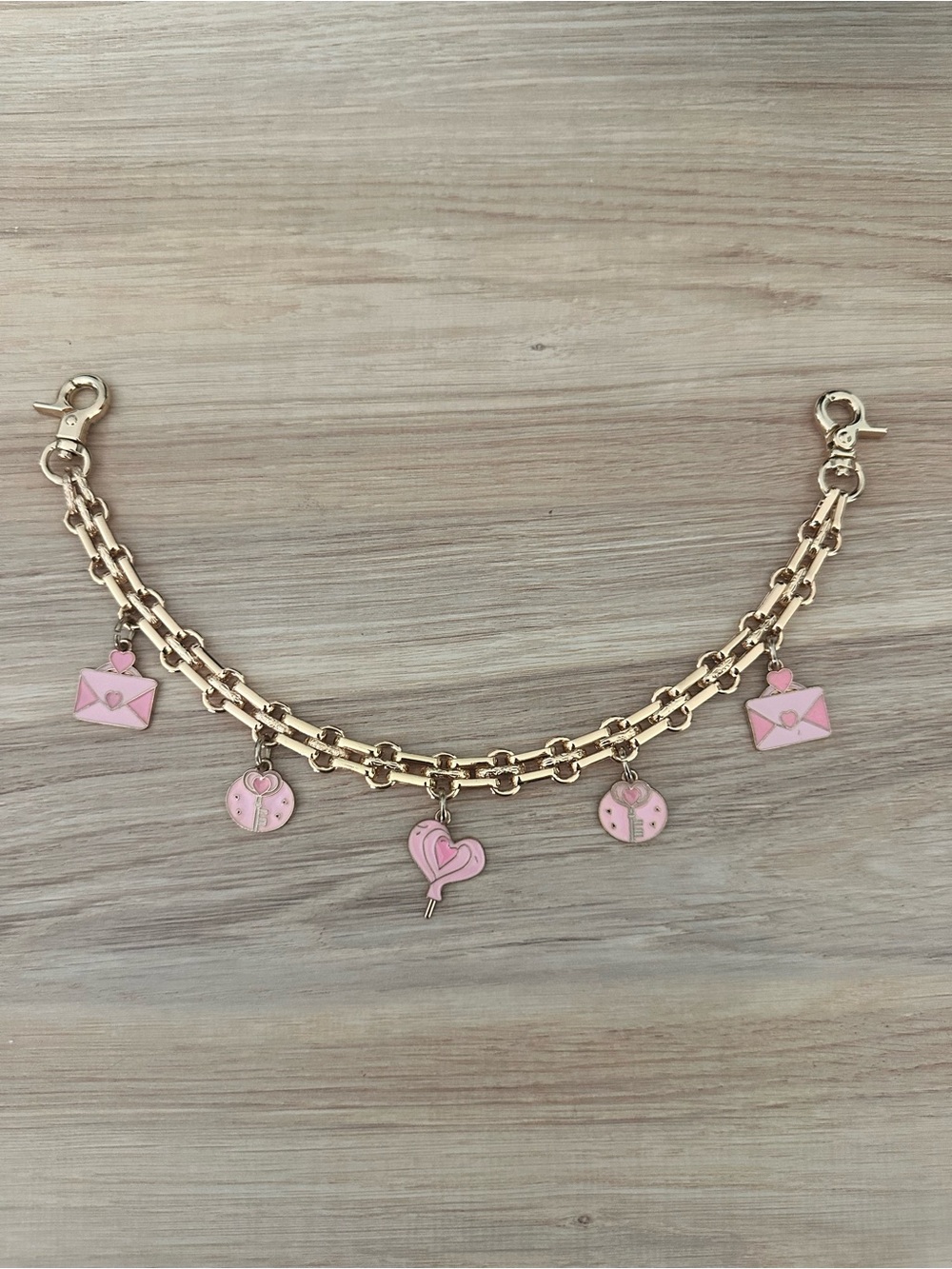 Gold Tone Double Chain Bag Charm with Pink Heart, Key & Love Letter Charms